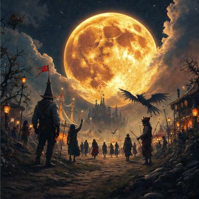 Primary subject: A group of people walking on a path at night.

Setting/background: The path is surrounded by a forest, and there is a castle in the background. The sky is filled with clouds, and the moon is visible in the sky.

Visual style: The image is a digital art or illustration.

Colors and mood: The image has a dark and moody atmosphere, with the night setting and the cloudy sky. The dominant colors are shades of black, white, and gray.